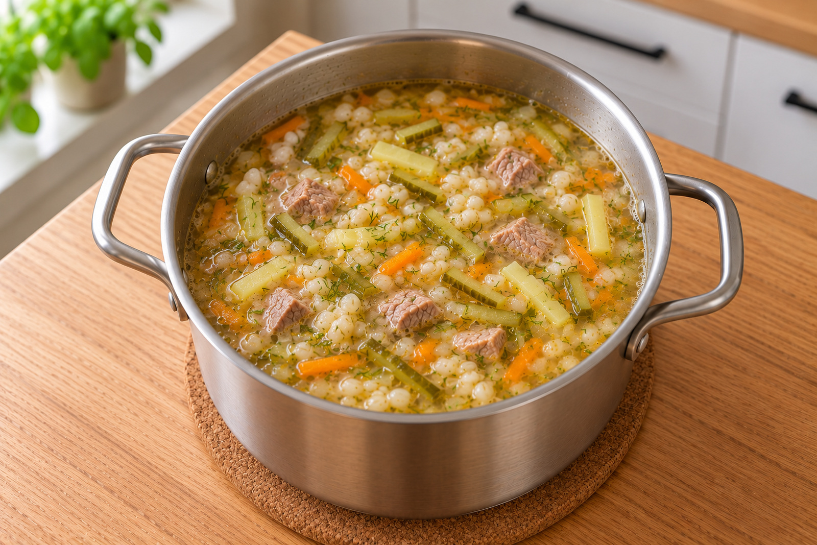 Готовый рассольник с огуречной заправкой и укропом
