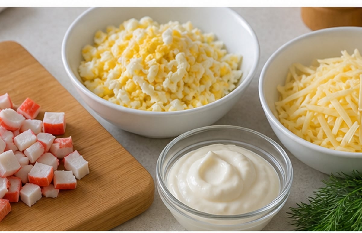 Крабовые палочки нарезаны кубиком, яйца и сыр натёрты