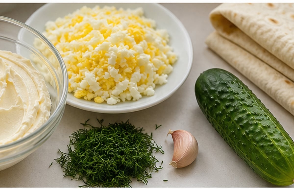 Плавленый сыр смешан с яйцами, чесноком и зеленью