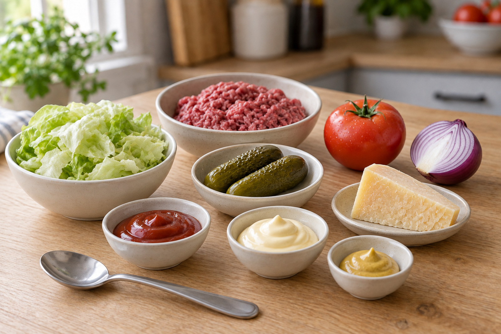 Продукты для салата: айсберг, овощи, фарш, пармезан и три компонента соуса