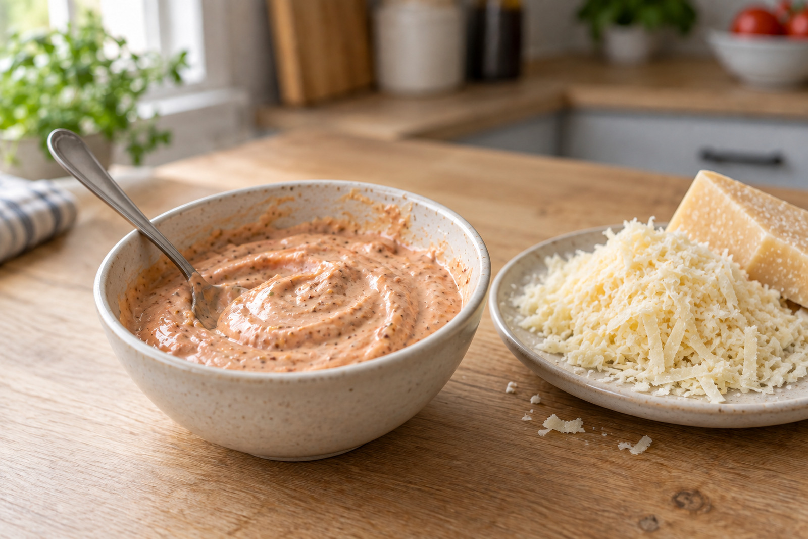 Небольшая миска с розовым соусом рядом с натёртым пармезаном