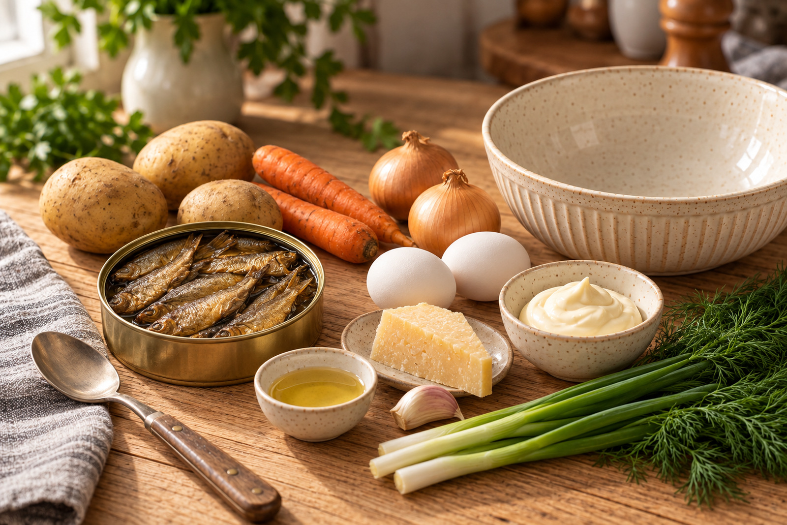 Продукты для салата со шпротами на столе