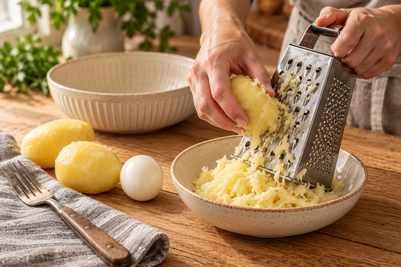 Варёный картофель натирают на тёрке