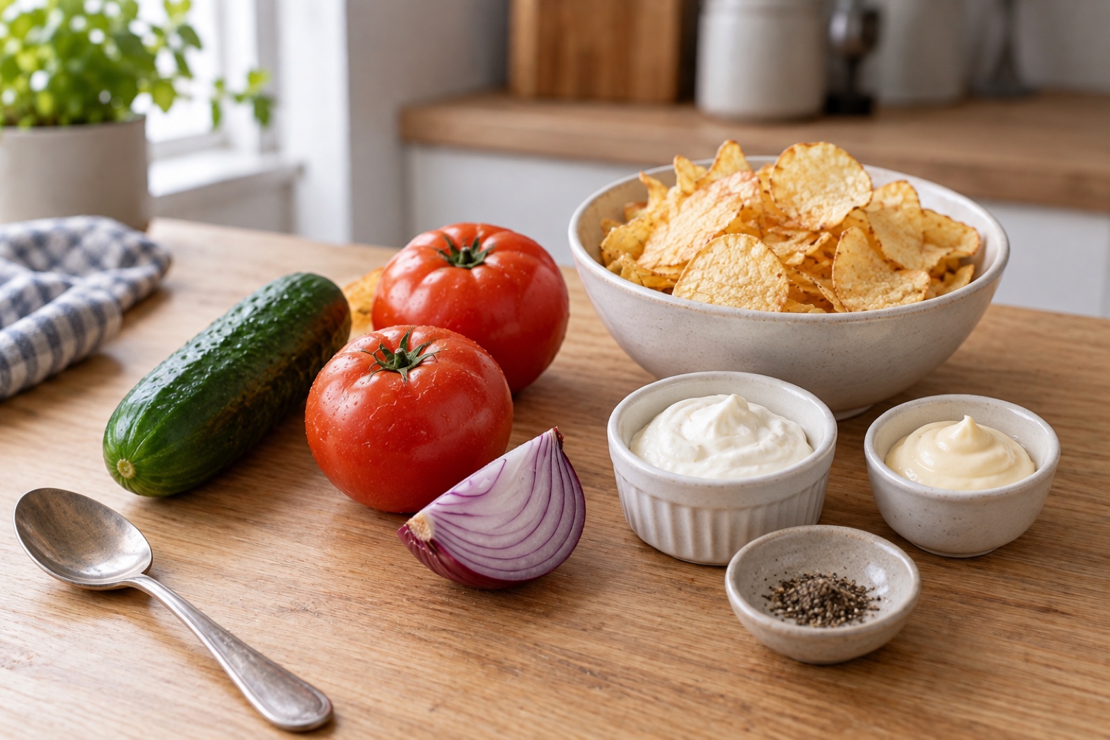 Овощи, чипсы и продукты для заправки