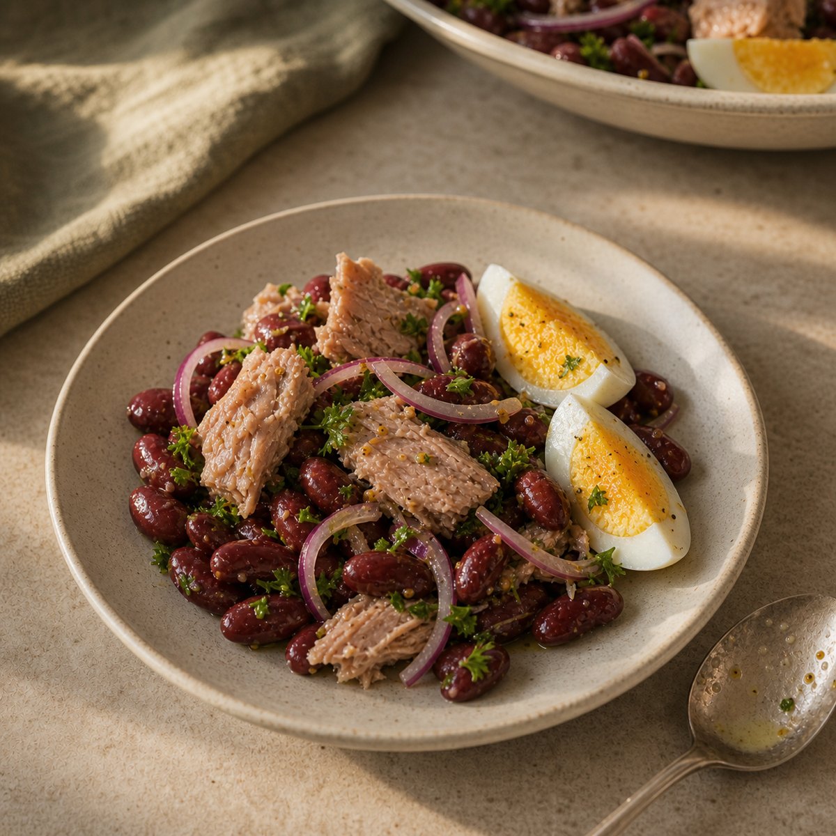 Готовый салат с фасолью, тунцом и яйцом