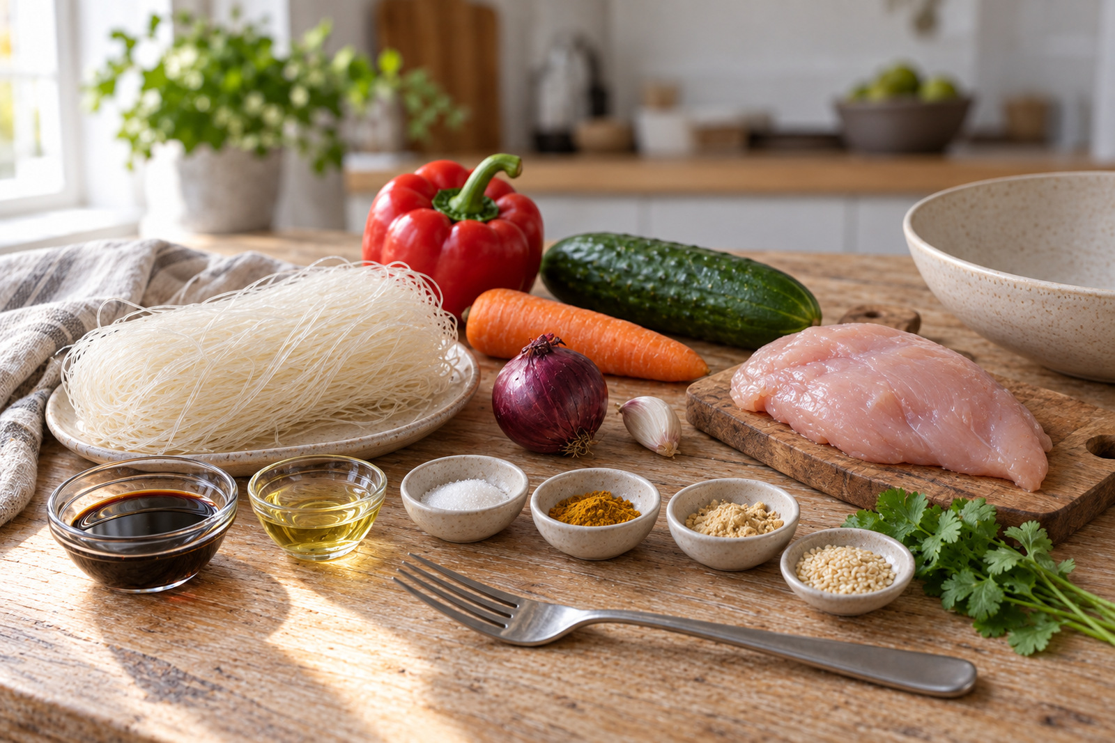 Продукты для салата с фунчозой и курицей