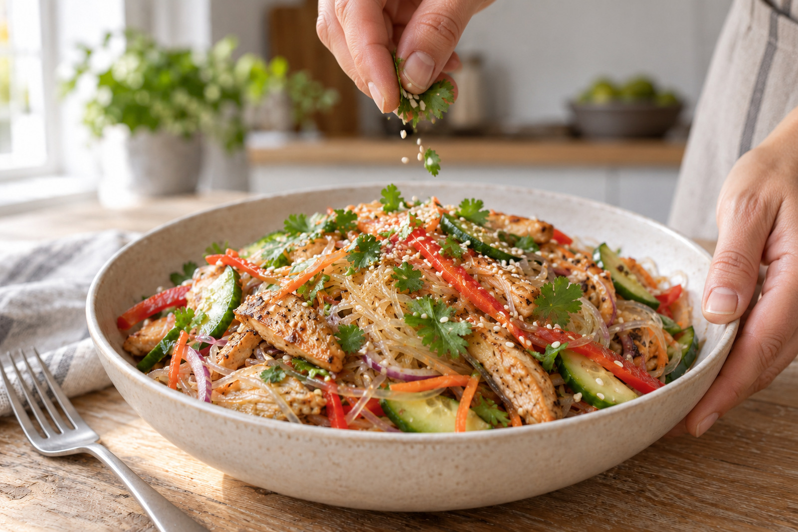 Готовый салат с фунчозой и курицей посыпают кунжутом