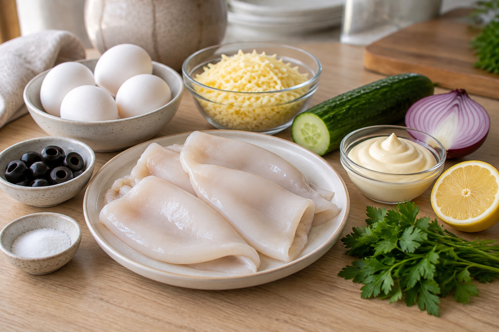 Продукты для салата с кальмаром