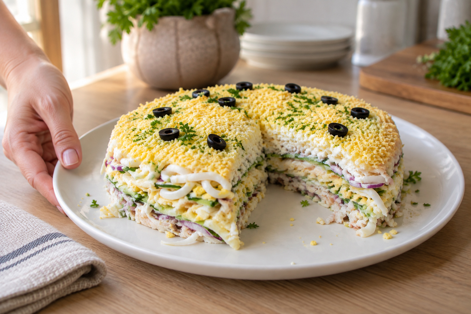 Порция слоёного салата с кальмаром
