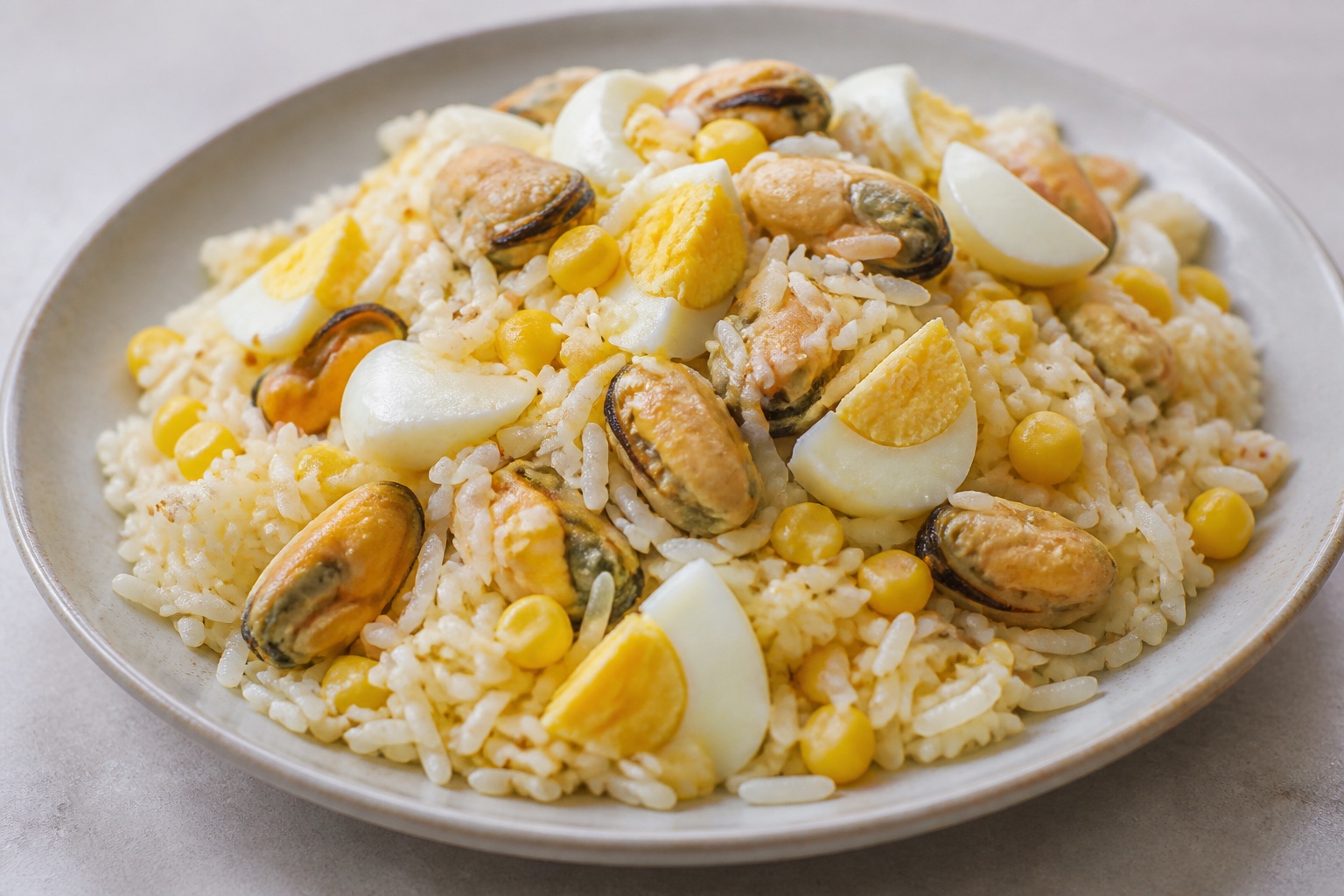 Салат с мидиями, рисом, яйцами и кукурузой