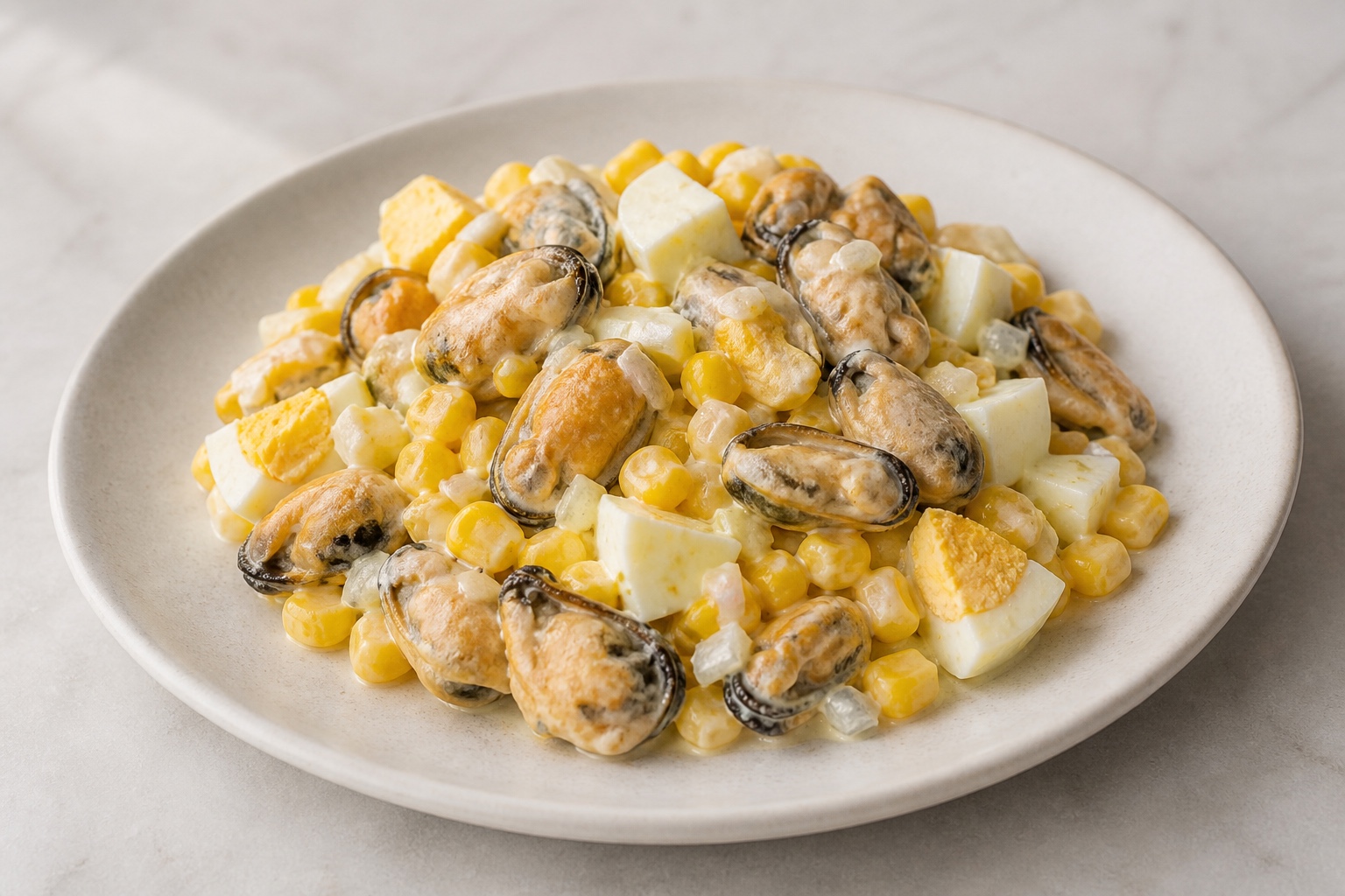 Салат с мидиями, яйцами и кукурузой