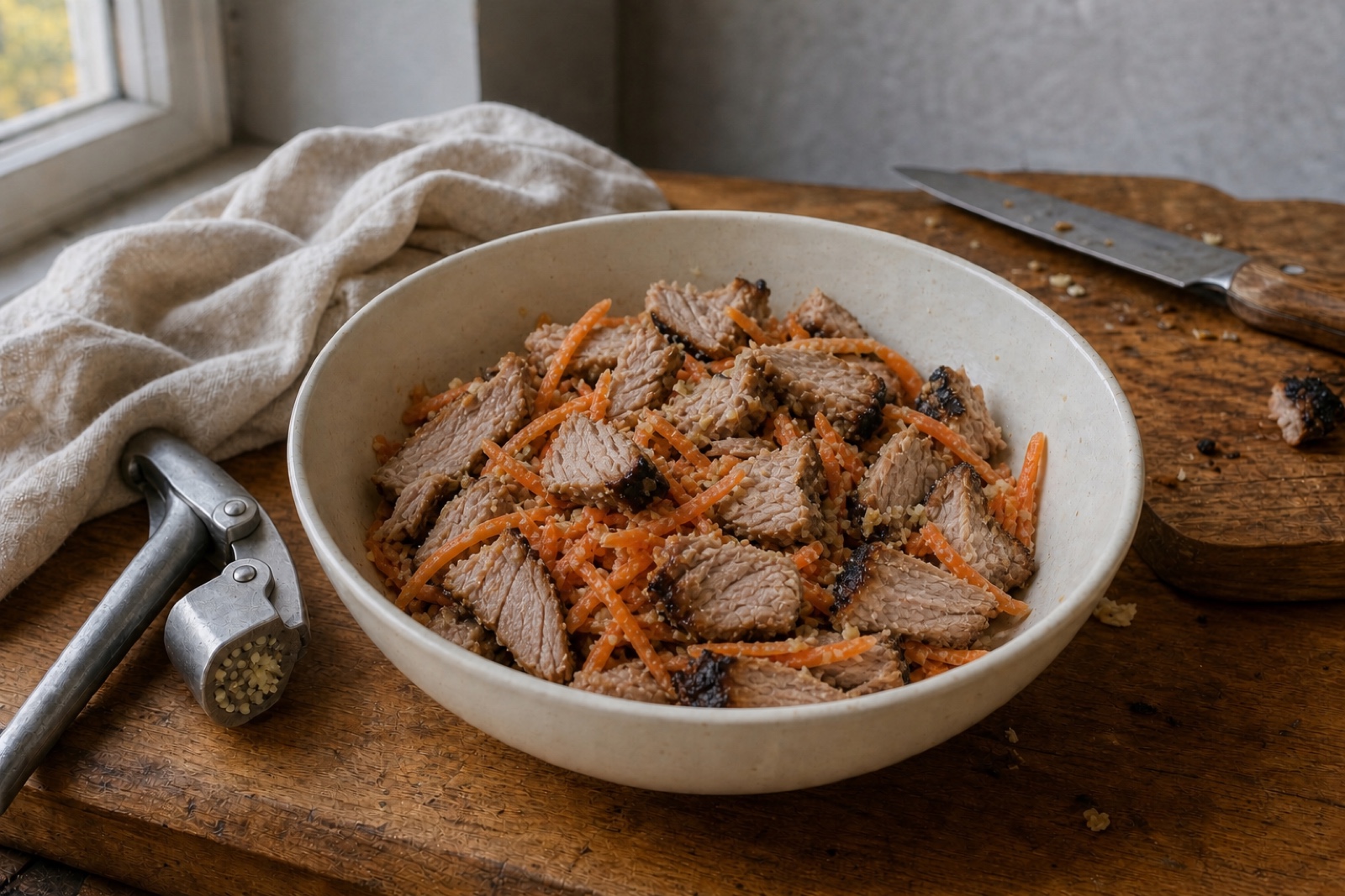 Мясо, морковь и чеснок смешаны с соусом в миске