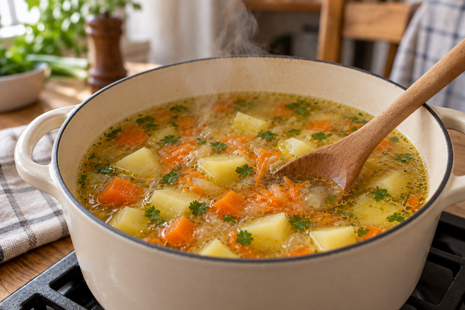 Овощи варятся в курином бульоне