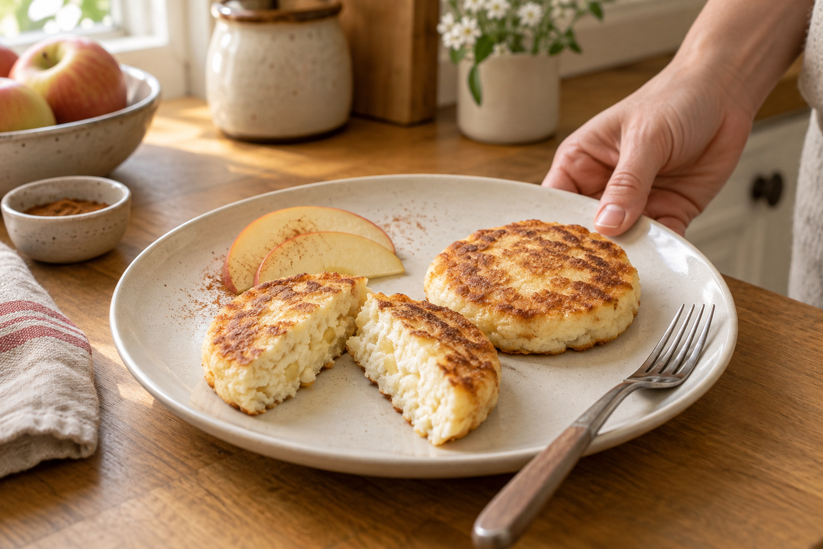 Готовые сырники с дольками яблока