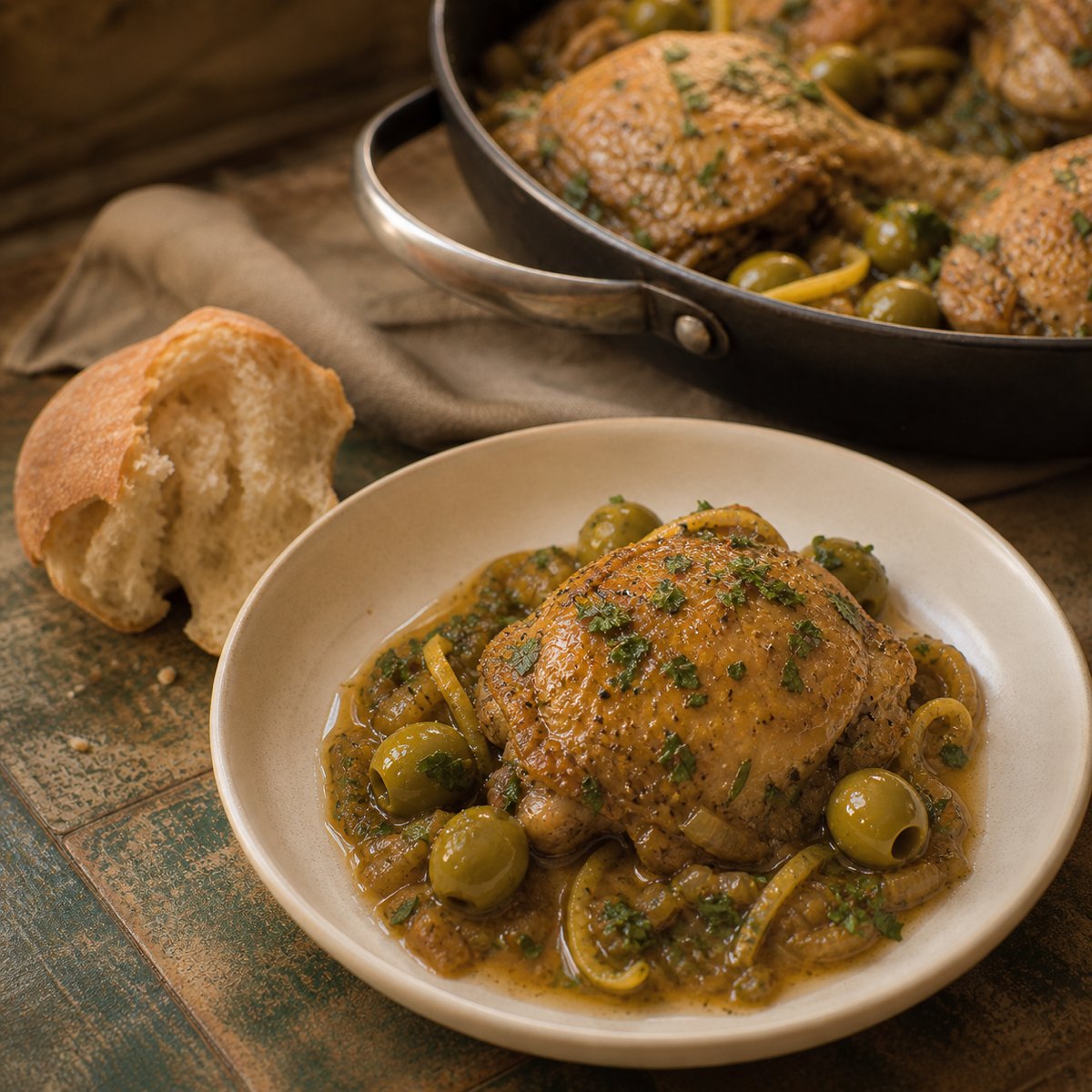 Готовая курица с лимоном, оливками и зеленью