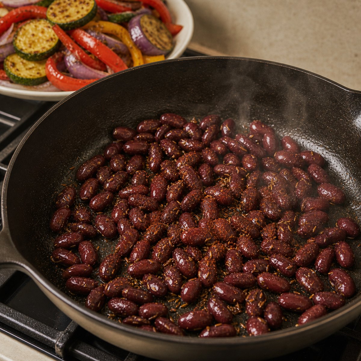 Красная фасоль прогревается с зирой и овощами