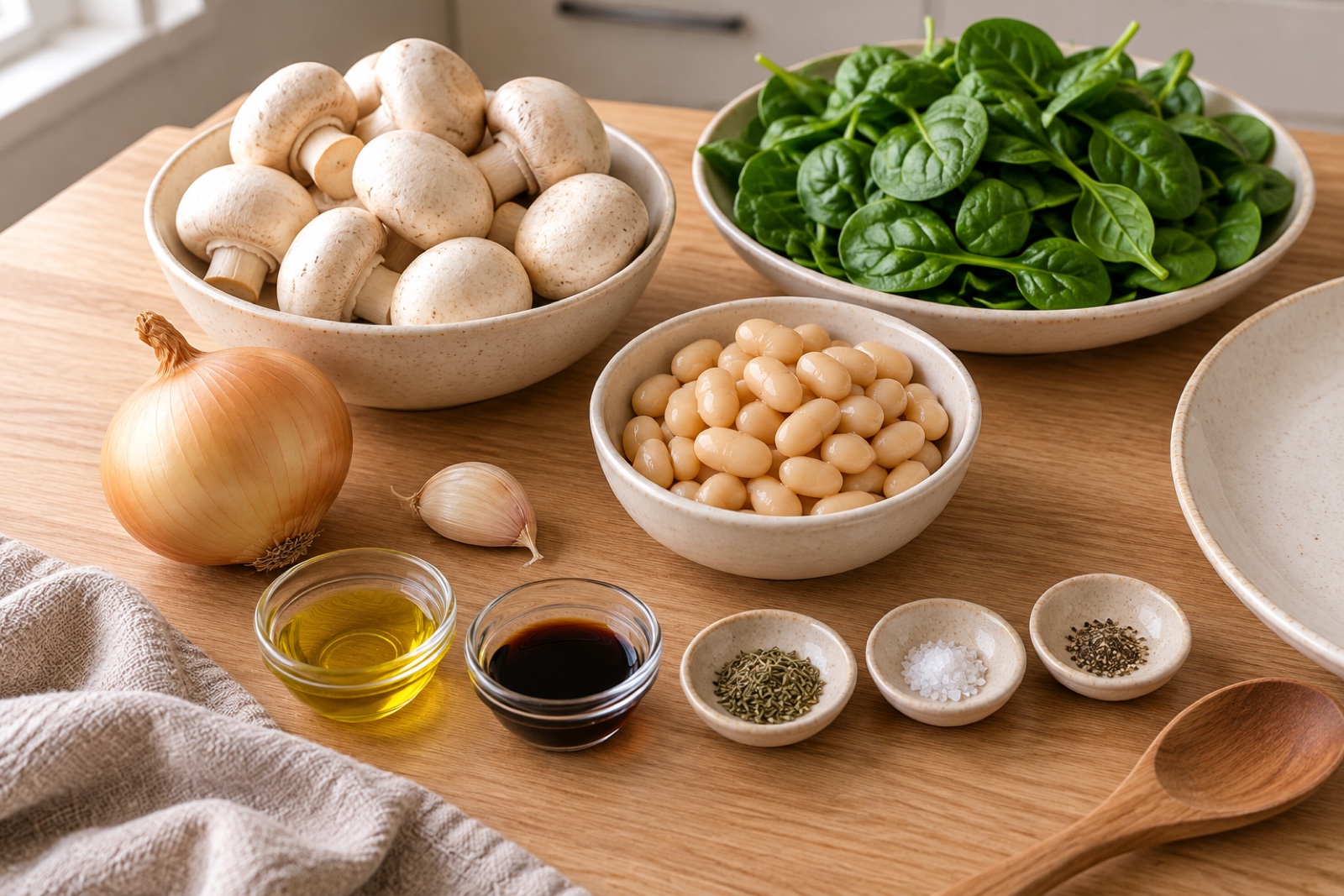 Продукты для салата с шампиньонами и белой фасолью
