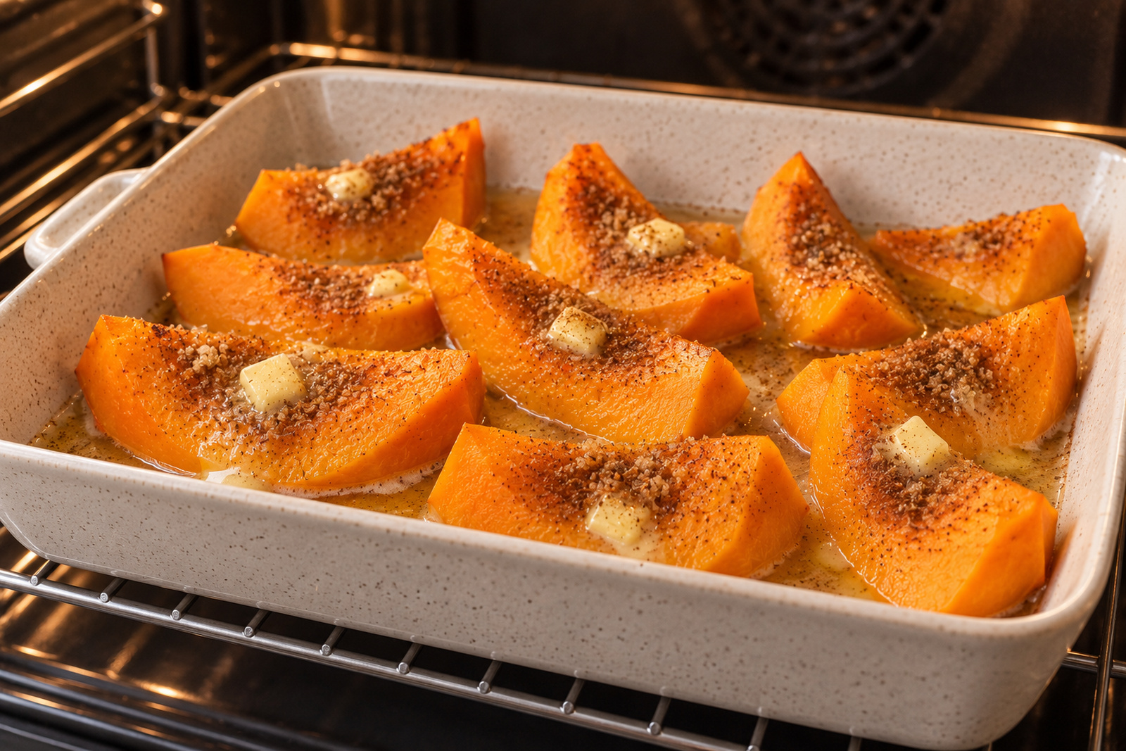 Тыква с сахаром и маслом начинает запекаться