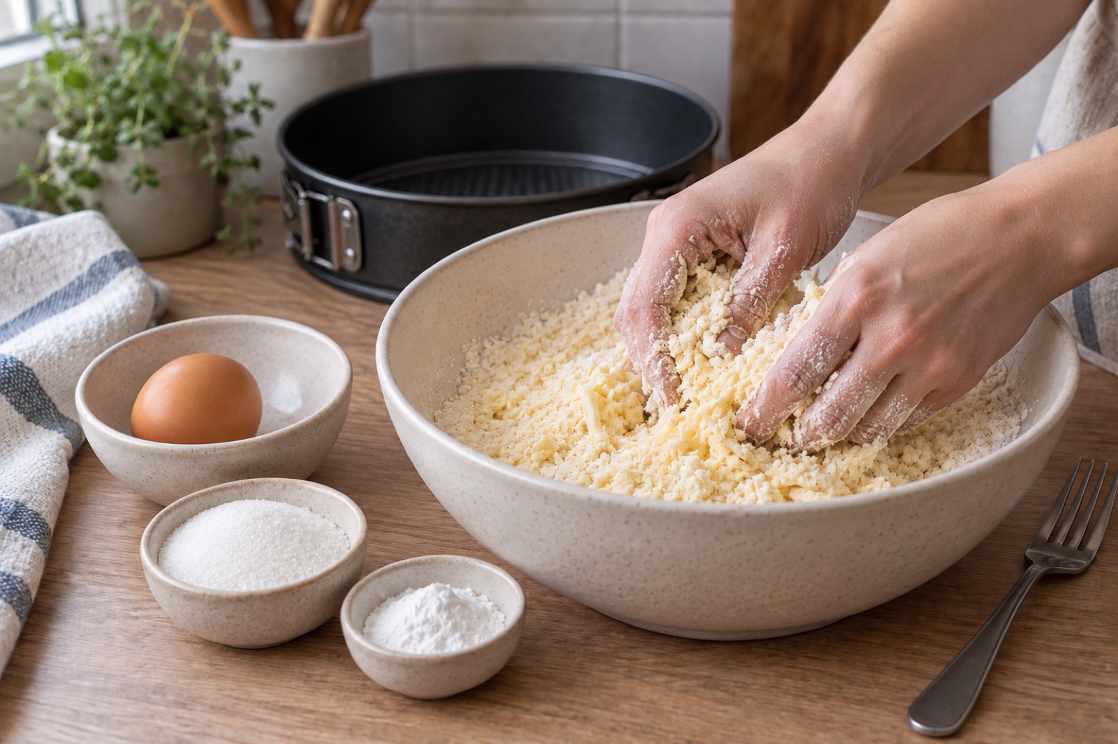 Масло перетирают с мукой для песочного теста
