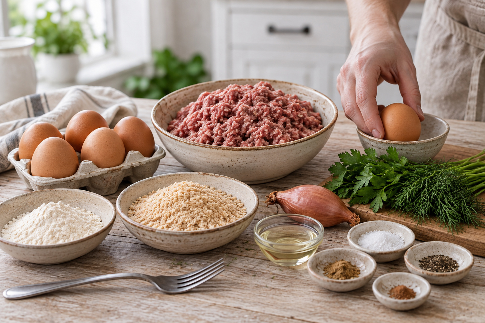 Яйца, фарш и продукты для панировки