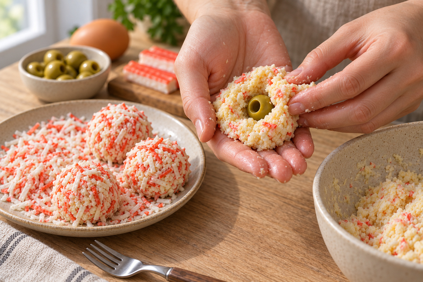 Оливку закрывают сырной начинкой