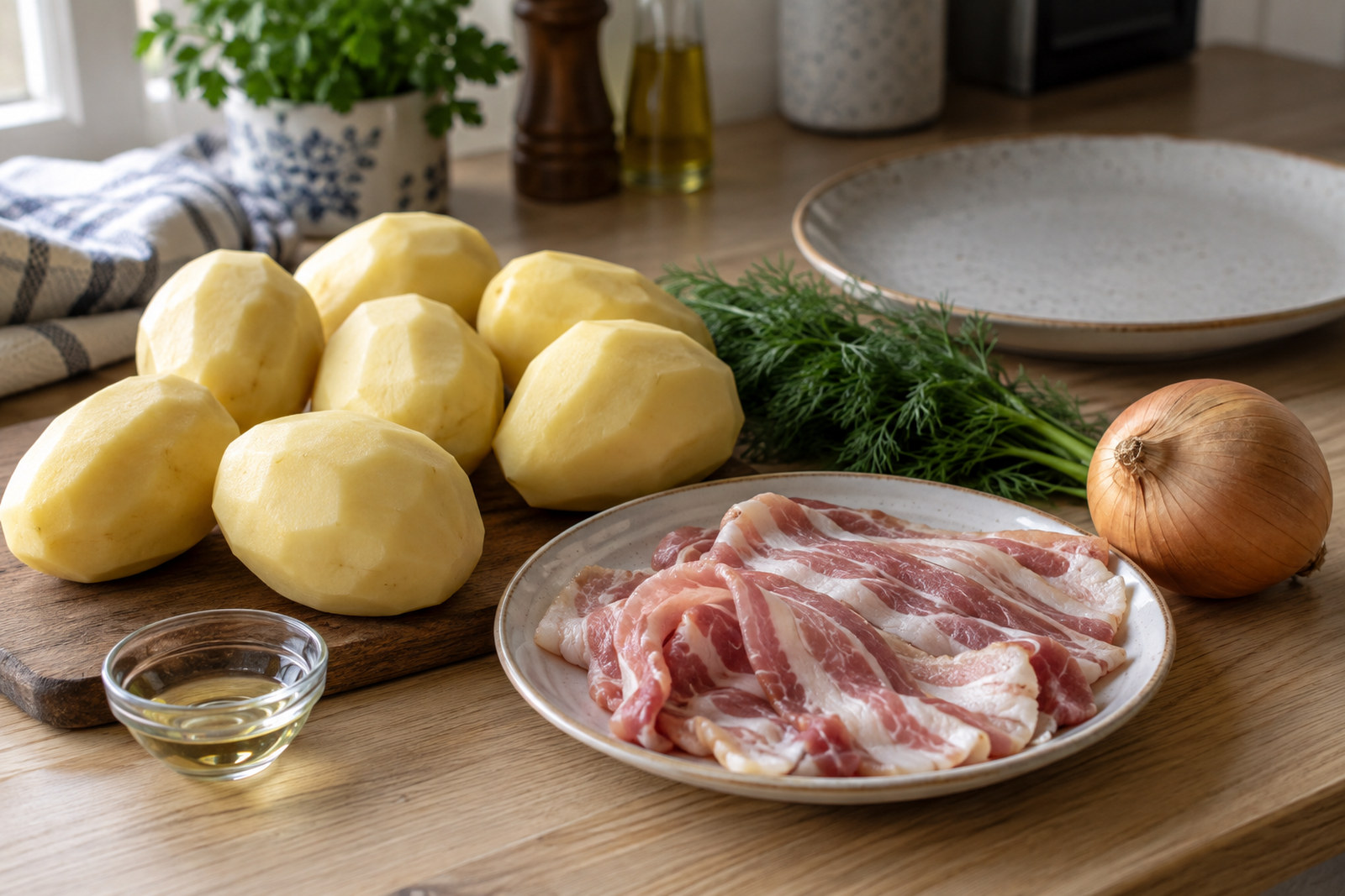 Продукты для жареного картофеля с беконом и луком