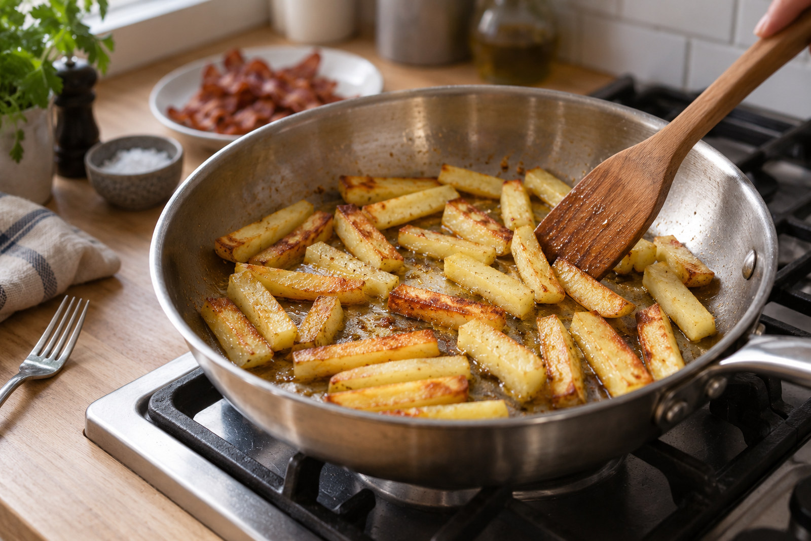 Картофель жарится на широкой сковороде без крышки