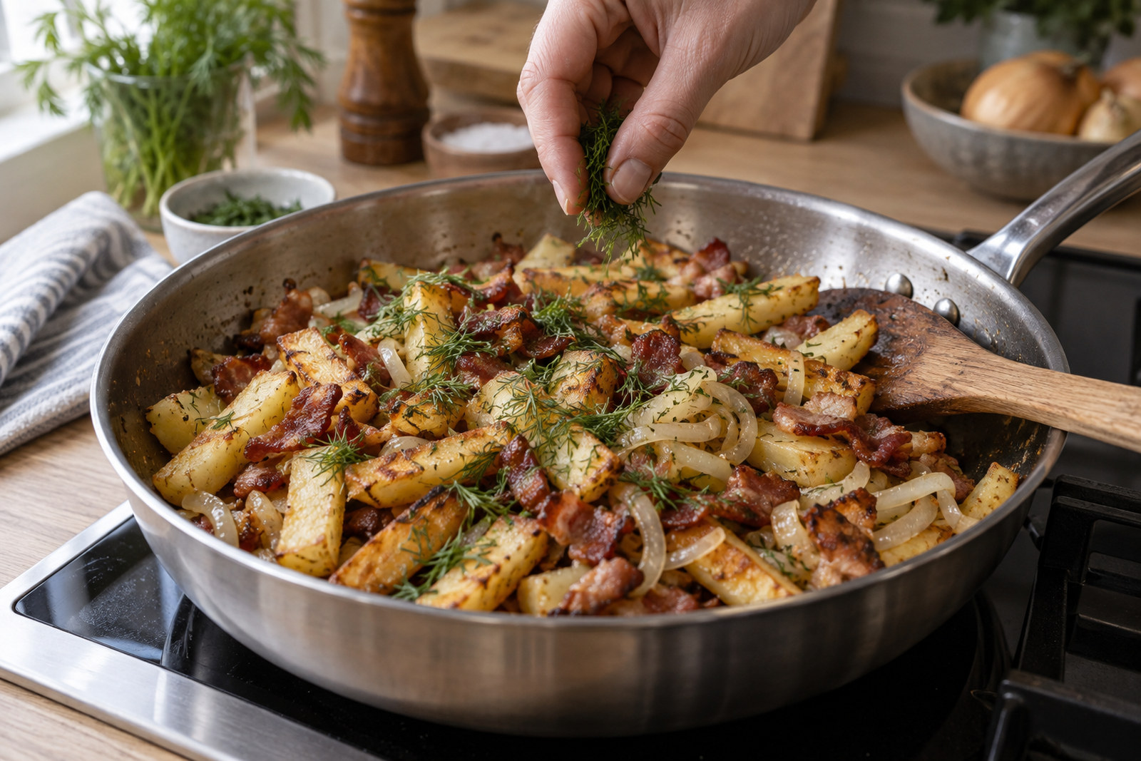 Готовый картофель с беконом и луком посыпают укропом
