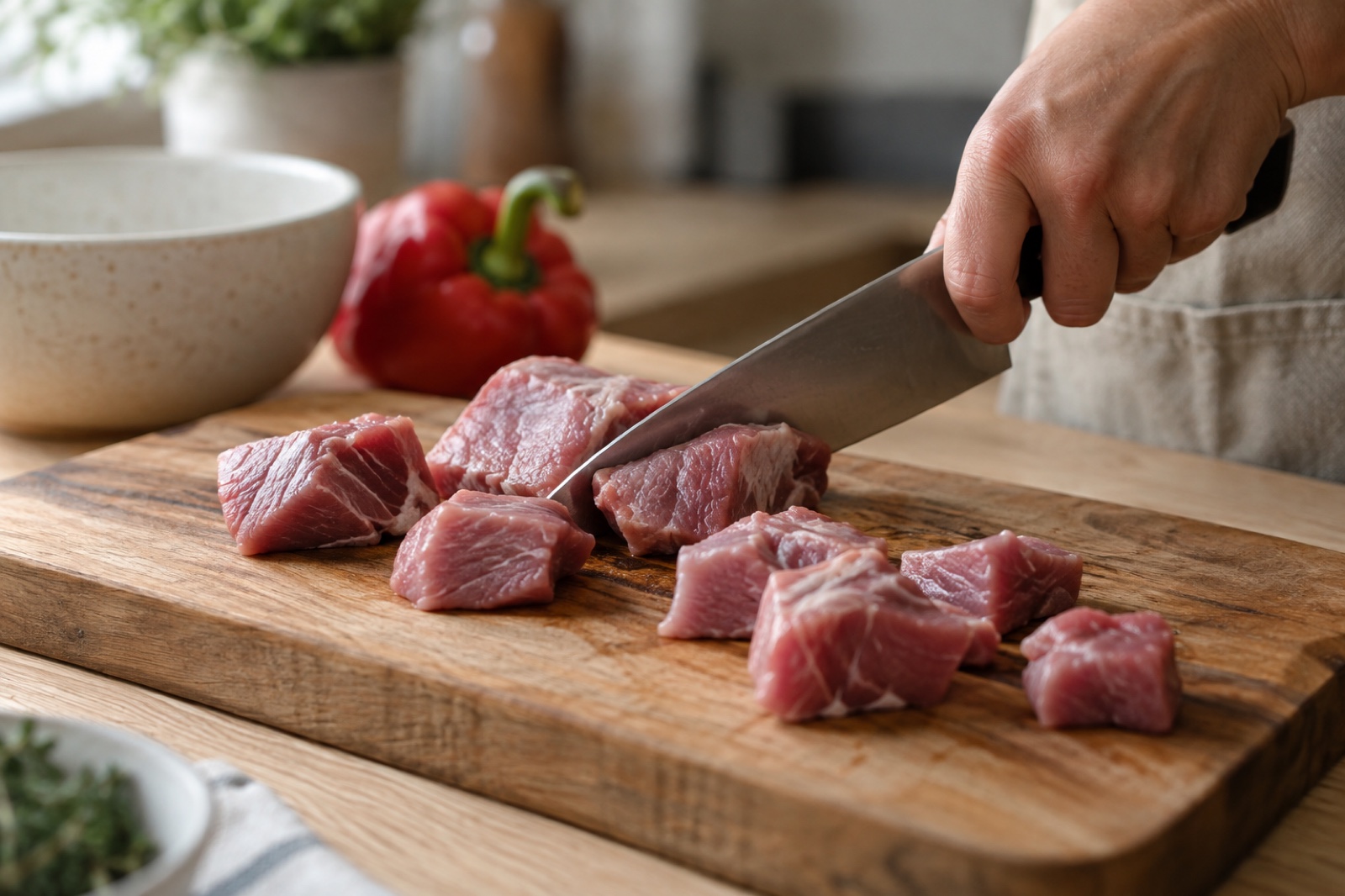 Телятину нарезают кусочками